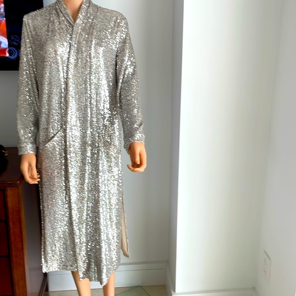 NEW BB DAKOTA STEVE MADDEN BEIGE/SILVER SEQUIN LONG JACKET - Picture 1 of 7